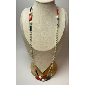 Vintage 54" Red White & Blue Patriotic Beaded Station Necklace 1970s Yacht Retro